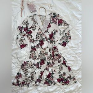 Deep Plunge V Neck Floral Dress